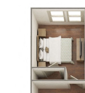 3 Bedroom 2 Bathroom Upstairs-Furnished 3D Floorplan 3 Bedroom 2 Bathroom-Upstairs-Furnished 3D Floorplan-The Lofts at Southside, Durham, NC
